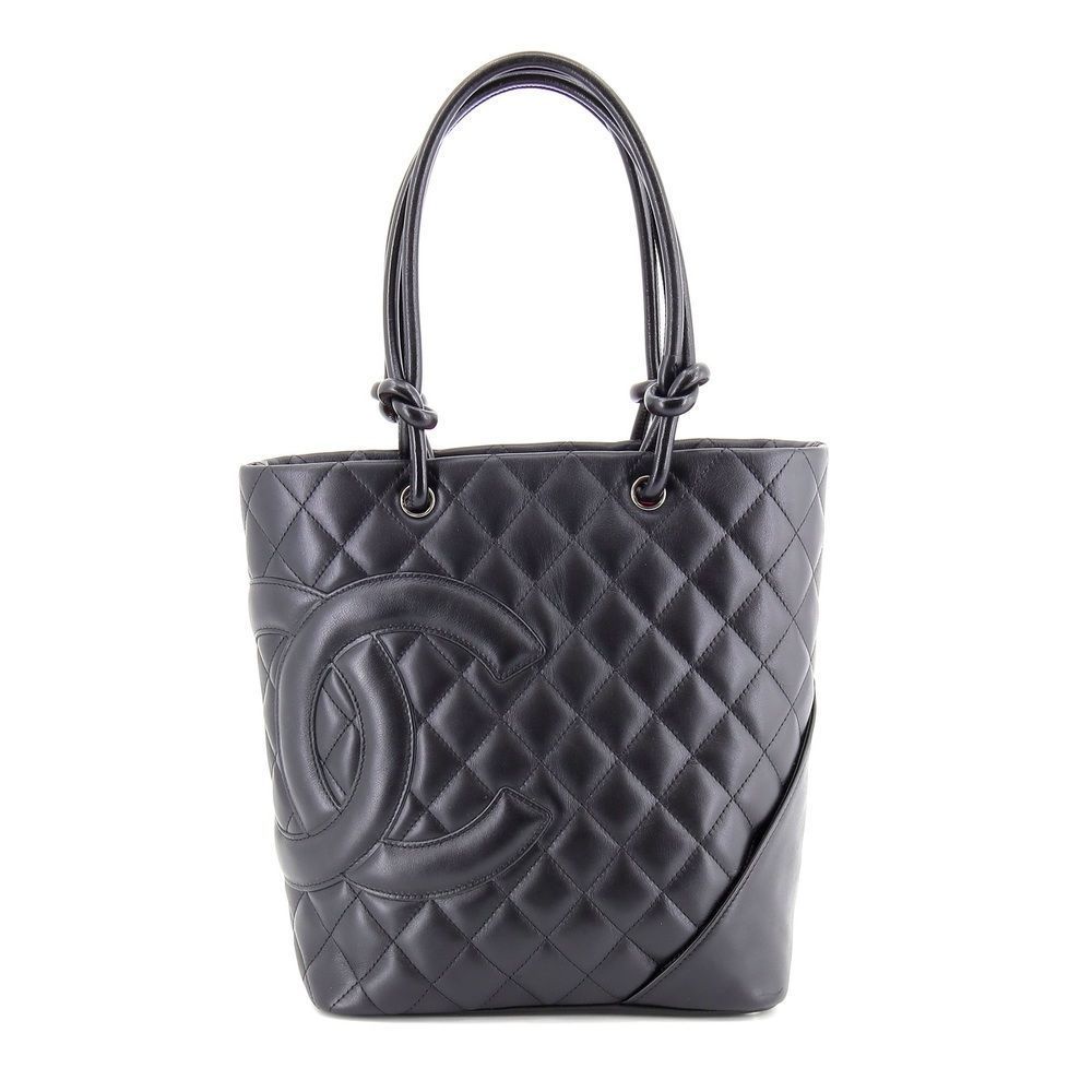Chanel Cambon Line Tote Bag Lambskin Black Silver Shoulder Bag